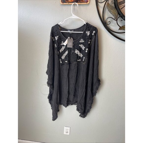 Be Beach by Exist Black Fringe Boho Poncho With Embroidered Floral Details L/XL - Picture 13 of 14